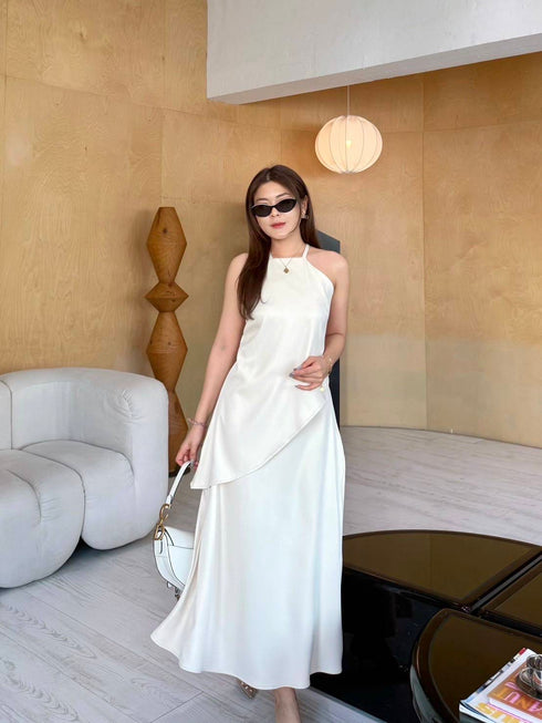 Ladies Asymmetrical Sleeves Back Tie Tops Witj A-Line Skirts